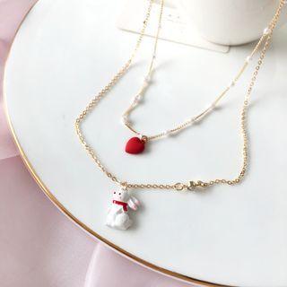 Rabbit Pendant Layered Necklace 1 Pc - Red & White - One Size