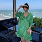 Frilled V-neck Loose-fit Dress