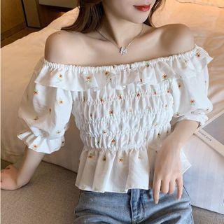 Short-sleeve Embroidered Smocked Blouse