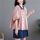 Elbow-sleeve Contrast Collar Blouse Pink - One Size