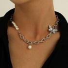Butterfly Rhinestone Faux Pearl Alloy Necklace Silver - One Size