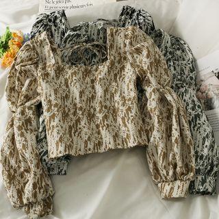 Corduroy Square-neck Printed Crop Blouse