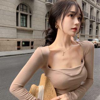 Long-sleeve Square-neck T-shirt Brown - One Size