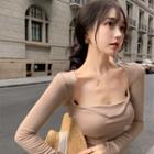 Long-sleeve Square-neck T-shirt Brown - One Size