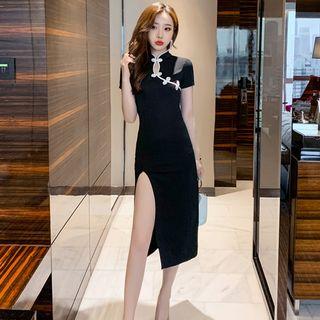 Traditional Contrast Trim Cutout Slit Midi Dress