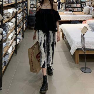 Cold-shoulder Puff-sleeve Top / Patterned Midi Straight-fit Skirt