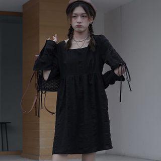 Long-sleeve Square-neck Cutout Tie-strap  Dress