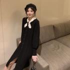 Color-block Long-sleeve Knit Dress Black & Almond - One Size