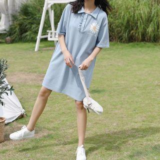 Flower Print Short-sleeve Polo Dress Blue - One Size