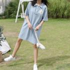 Flower Print Short-sleeve Polo Dress Blue - One Size
