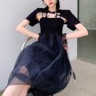 Spaghetti Strap Mesh Midi Dress / Short-sleeve Shrug