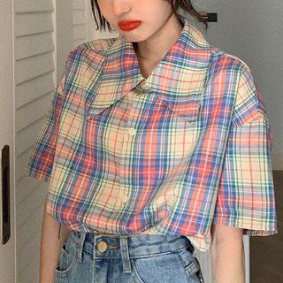 Elbow-sleeve Striped Shirt Plaid - Multicolor - Pink & Khaki - One Size