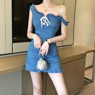 Denim Ruffle Sleeveless A-line Dress
