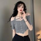 Elbow-sleeve Off-shoulder Plaid Crop Top Black & White - One Size