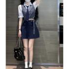Puff-sleeve Shirt / Plaid Vest / Tie / Mini A-line Skirt
