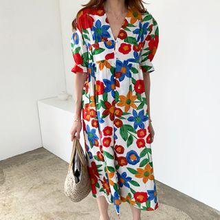 Floral Short-sleeve V-neck Button Midi A-line Dress