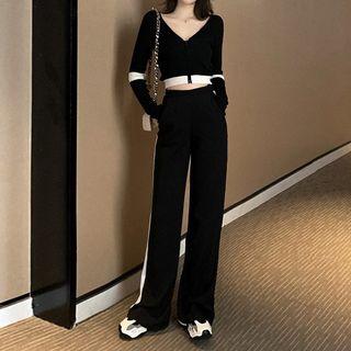 V-neck Cropped Top / High-waist Straight-leg Pants