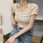 Plain Puff-sleeve Button Knit Cropped Top