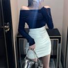 Set: Off-shoulder Knit Top + High-waist Faux Leather Mini Pencil Skirt
