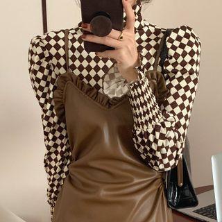 Puff-sleeve Checkerboard Top