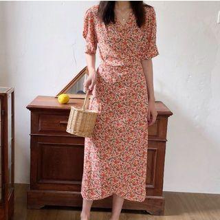 Floral V-neck Drawstring Back A-line Dress Floral - One Size