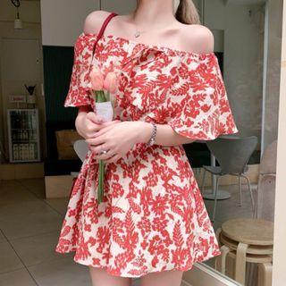 Elbow-sleeve Off-shoulder Floral Romper