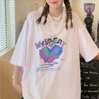 Elbow-sleeve Heart Print Collared T-shirt