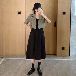 V-neck Dress / Plain Short-sleeve Jacket Set