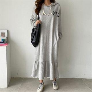Hooded Ruffle-hem Letter Print Pullover