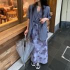 Short-sleeve Double-breasted Blazer / Spaghetti Strap Flower Print Maxi Shift Dress