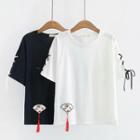 Elbow-sleeve Lace-up Embroidered T-shirt