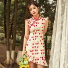 Heart Print Sleeveless Mandarin Collar Mini Dress