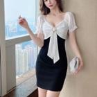 Short-sleeve Bow Two Tone Mini Dress Black - One Size