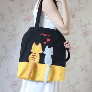 Cat Printed Two-tone Tote Bag