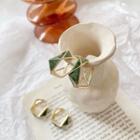 Geometric Open Hoop Earring 1 Pair - Ear Studs - Emerald & Gold - One Size