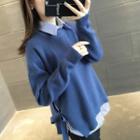 Set: Striped Shirt + Bow Detail Long-sleeve Knit Top
