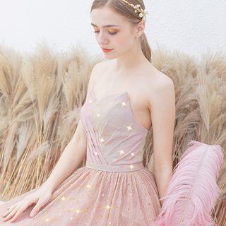 Metallic Patterned Mesh Tube A-line Evening Gown