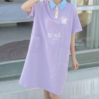 Elbow-sleeve Graphic Print Polo Shirt Dress