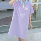Elbow-sleeve Graphic Print Polo Shirt Dress