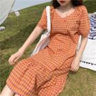 Short-sleeve Plaid Ruffle-hem Midi A-line Dress Plaid - Orange - One Size