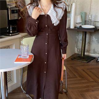 Long-sleeve Wide Collar Button-up Midi A-line Dress