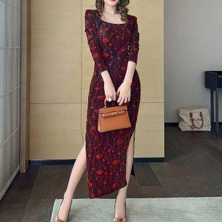 Set: Spaghetti Strap Floral Midi Bodycon Dress + Cropped Jacket