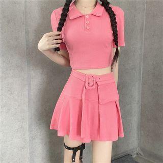 Set: Short Sleeve Crop Polo Shirt + High Waist Tiered Belt Mini Skirt
