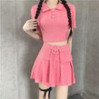 Set: Short Sleeve Crop Polo Shirt + High Waist Tiered Belt Mini Skirt