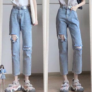 High Waist Distressed Straight Leg Cropped Jeans