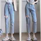 High Waist Distressed Straight Leg Cropped Jeans
