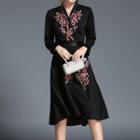 Flower Embroidered Long Sleeve Flared Dress