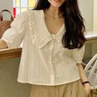 Puff-sleeve Collared Striped Frill Trim Blouse