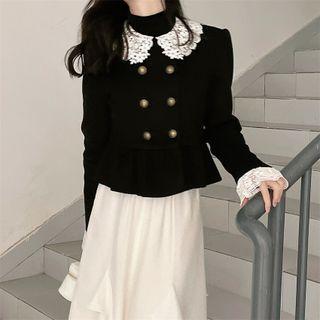 Double-breasted Lace Trim Jacket / Ruffled Midi A-line Skirt