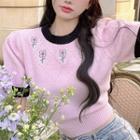 Short-sleeve Floral Print Knit Top Top - Pink & Black - One Size